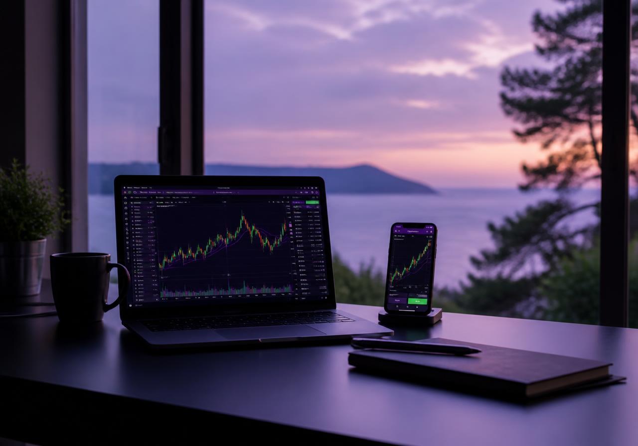 Notebook e celular com gráficos de mercado sobre uma mesa, com vista para o entardecer